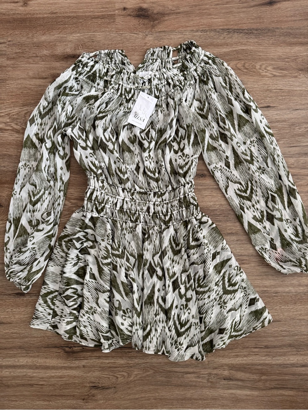 MISA Los Angeles Mercy Dress Ikat Print Green Ivory XS $390 NEW Sheer Boho Fairy